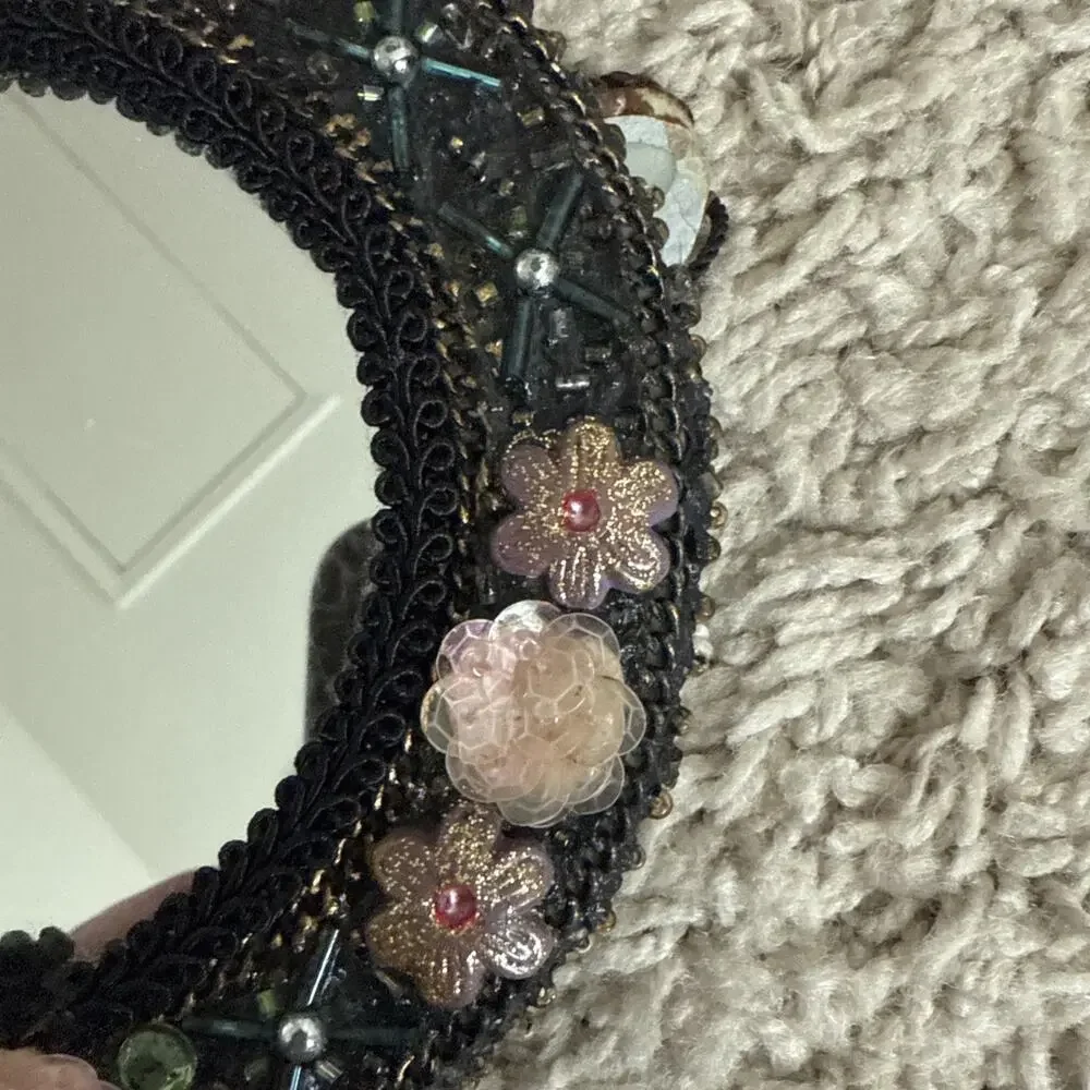 Vintage Beaded hand mirror with fairy mushroom and floral patterns
